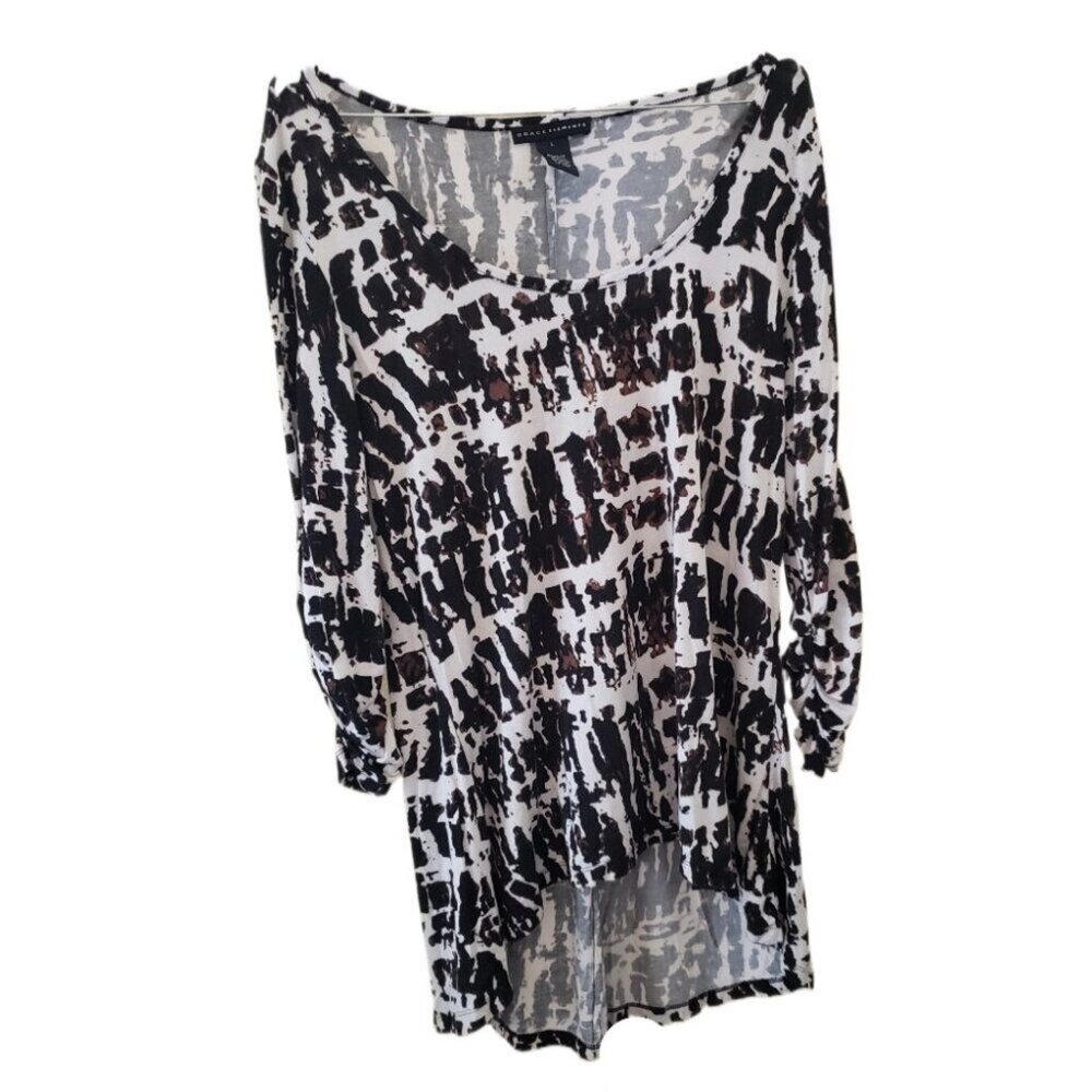 Grace Elements Multi-Colored Patterned Long Ruched Sleeve Hi Low Top